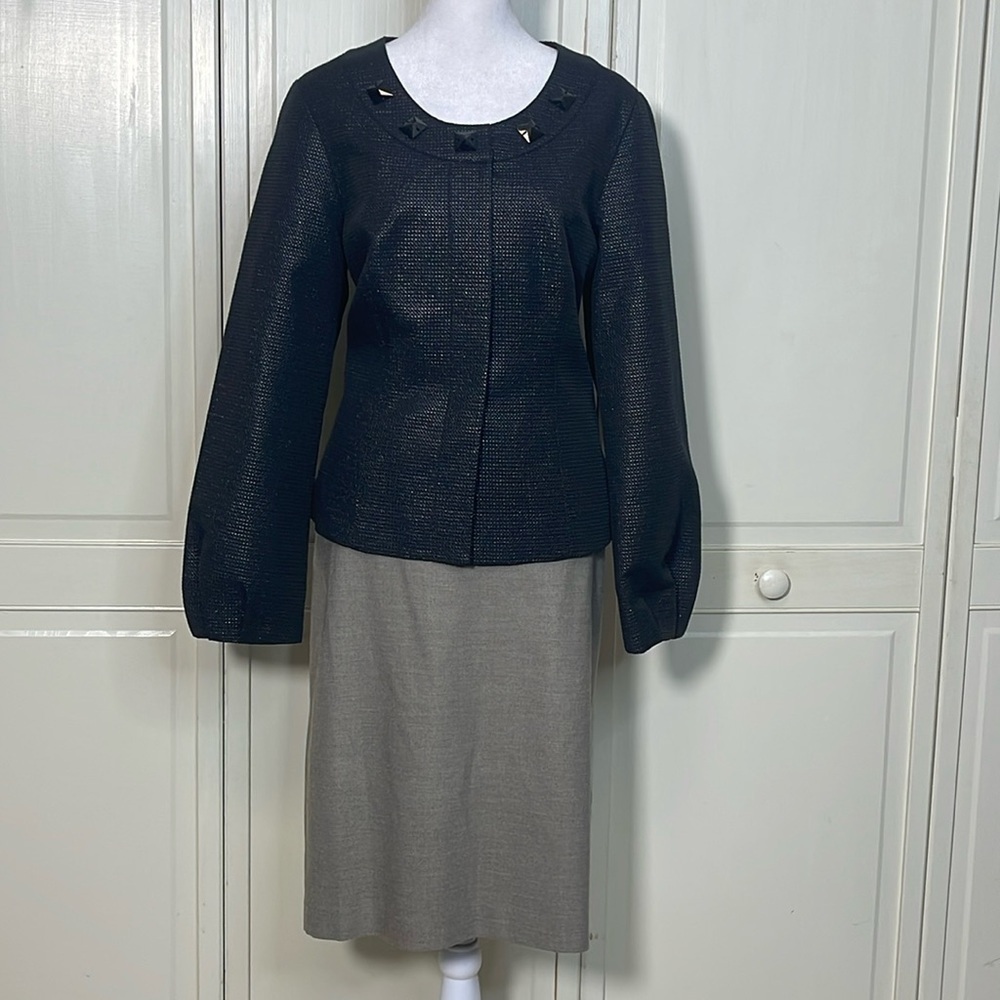 Doncaster 2Pc Women’s Suit Skirt Sz 8 Black Beige Embellished Collarless Career